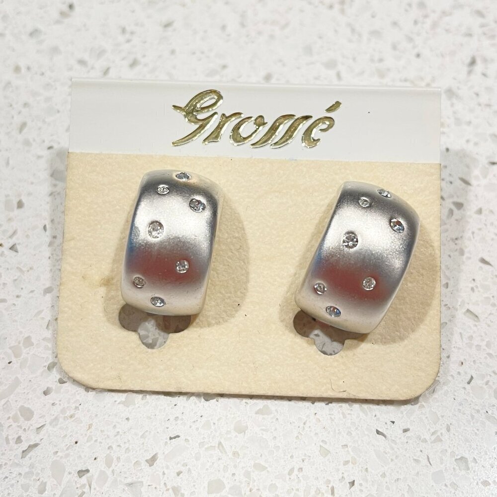 NWT Vintage Grossé Clip-On Hoop Earrings Silver With Crystals